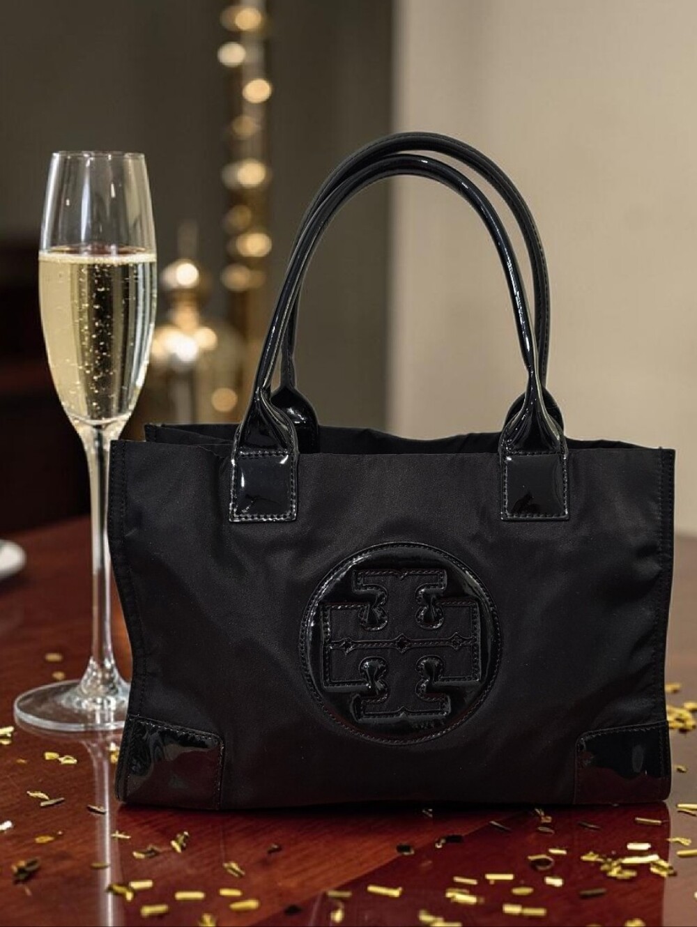 Tory Burch Ella Black Mini Nylon Tote with Patent Trim